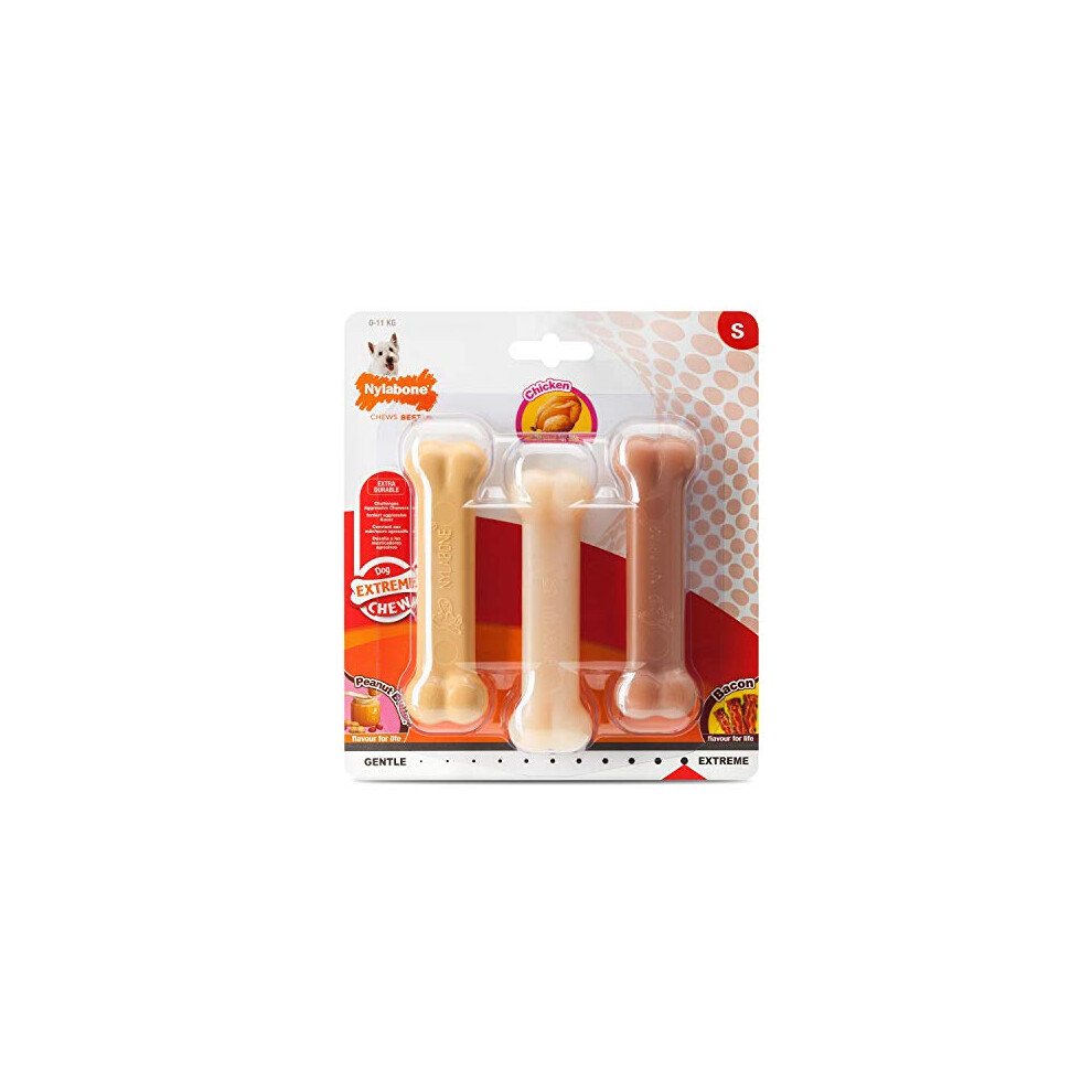 Nylabone Extreme Tough Dog Chew Toy Bones, Peanut Butter, Chicken, Bacon Flavoured, 3-Piece, Small, For Dogs Up To 11 kg