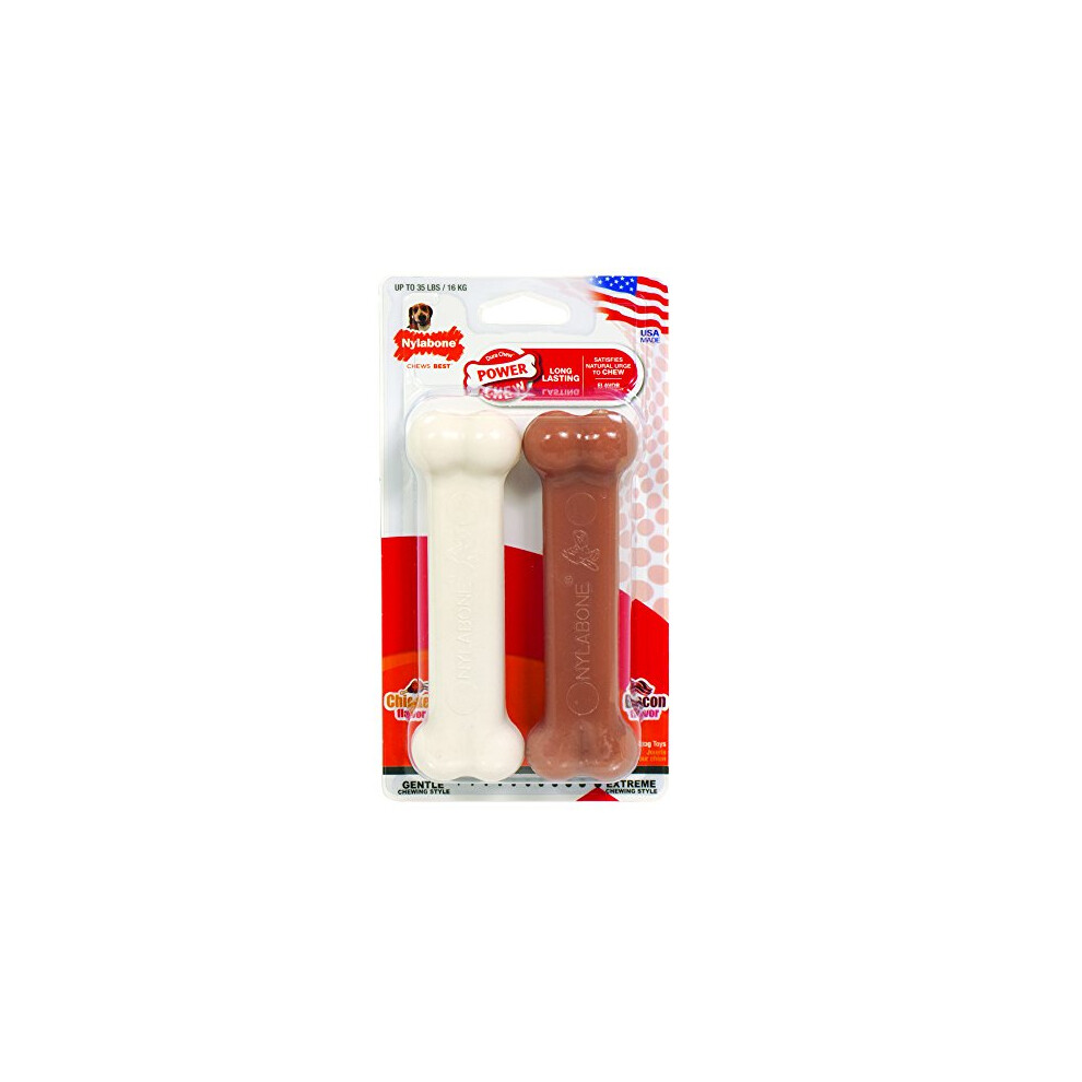 Nylabone 2 x Dura Chew Extreme Tough Dog Chew Toy Bones, 1 Bacon & 1 Chicken, Medium, For Dogs Up To 16 kg