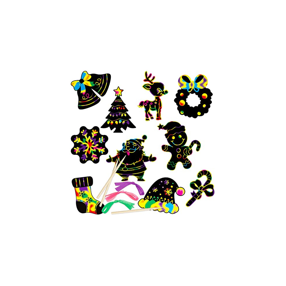 VEYLIN 48 Pieces Christmas Scratch Art Hanging Decorations, Christmas Scratch Papers with 48 Pieces Ribbons for Kids Party Bag Fillers-image-OPC-PFCVCCK-NEW