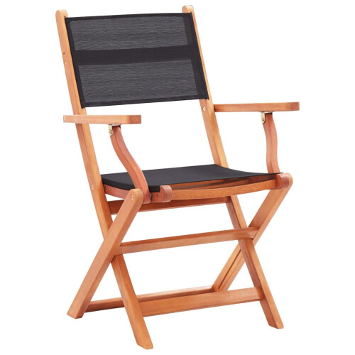 vidaXL 2x Solid Eucalyptus Wood Folding Garden Chairs Black Textilene Seating 1