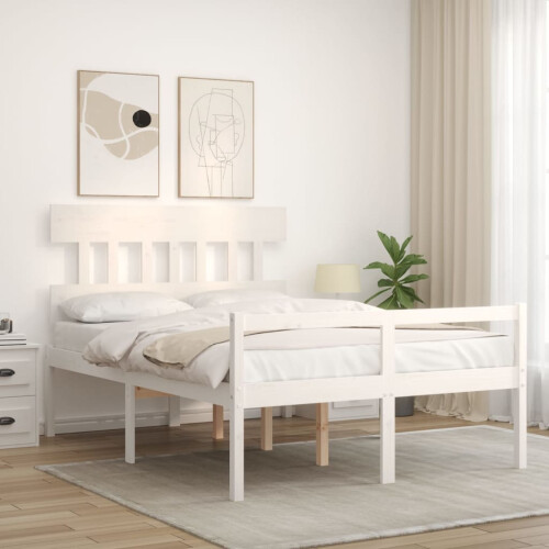 VidaXL (white, 120 x 190 cm/high) vidaXL Bed Frame with Headboard Mattress Foundation Bed Base Single Solid Wood 2