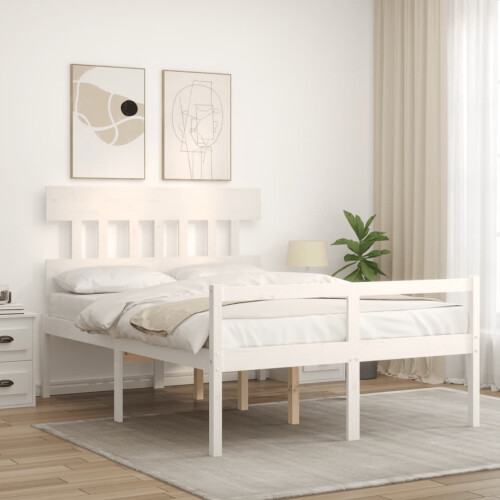 VidaXL (white, 140 x 190 cm/high) vidaXL Bed Frame with Headboard Mattress Foundation Bed Base Single Solid Wood 2