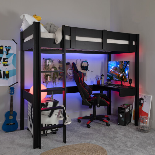 Noa and Nani Gaming Station High Sleeper Kids Solid Wood Bed in Black Storm
