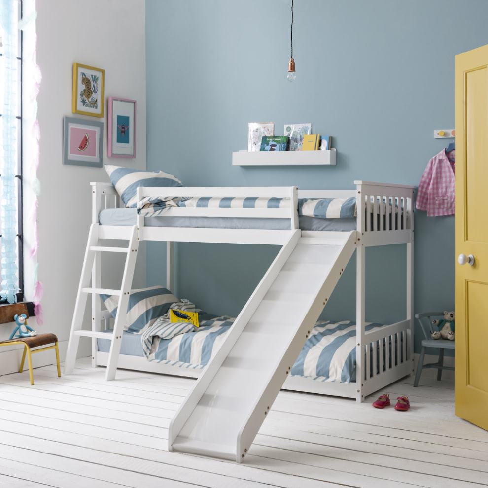 Noa And Nani Tuva Low Cabin Bed With Bunk Underbed & Slide In Classic White