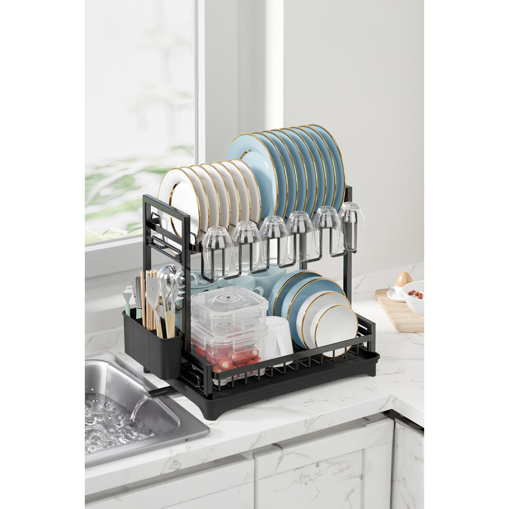 (Black) Neo 2 Tier Large Dish Drying Rack with Drip Tray Detachable Drainage Spout Cutting-Board Cup Holder Organise Shelf Utensil Holder Set
