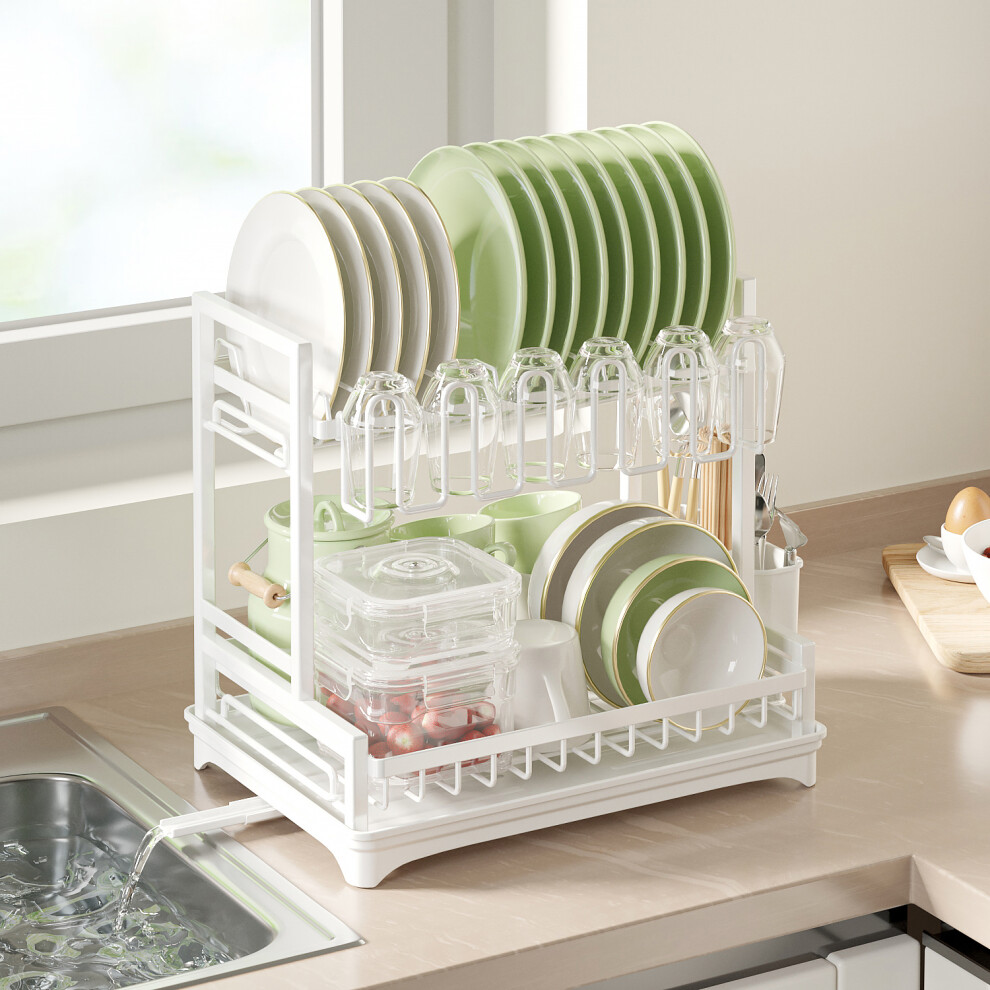 (White) Neo 2 Tier Large Dish Drying Rack with Drip Tray Detachable Drainage Spout Cutting-Board Cup Holder Organise Shelf Utensil Holder Set