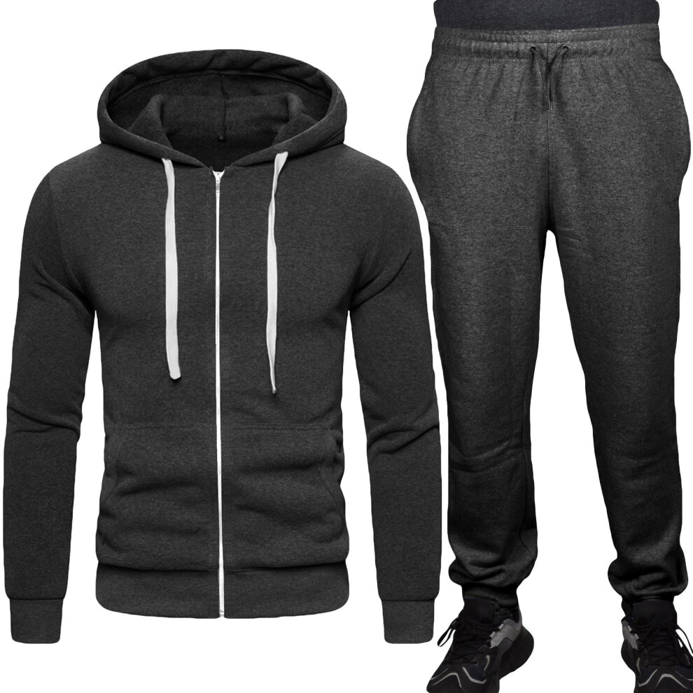 (Charcoal, 2XL) Men Full Zip Tracksuit Plain Hoodie Sweat Pant Set