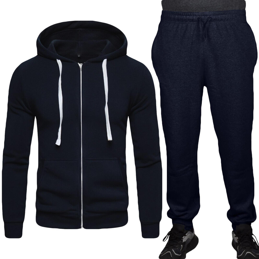 (Navy, 2XL) Men Full Zip Tracksuit Plain Hoodie Sweat Pant Set