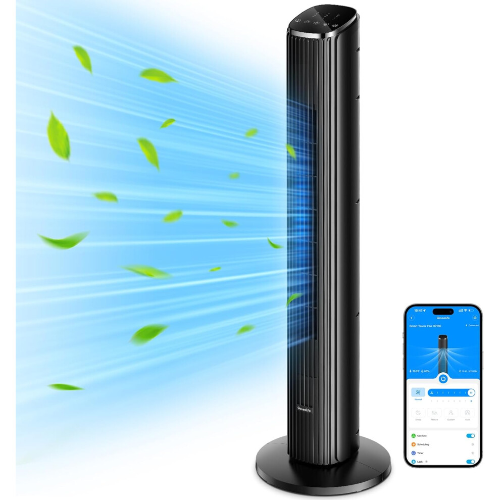 Bedroom Smart Tower Fan, 27dB Quiet Floor Fan with App and Voice Remote Control, 75 Oscillation, 5 Modes 8 Speeds