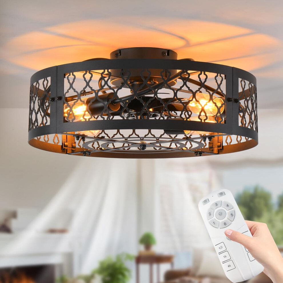 Ceiling Fan with Lights Industrial Style Farmhouse Ceiling Fan 50cm Metal Cage Lighting E27 Flush Mount with Remote Control Black 4 Lights