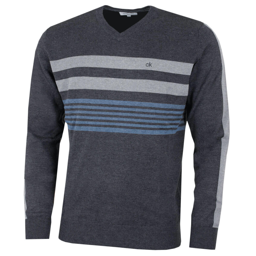 (L, Charcoal) Calvin Klein Mens 2022 V-Neck Performance Soft Chest Stripe Sweater