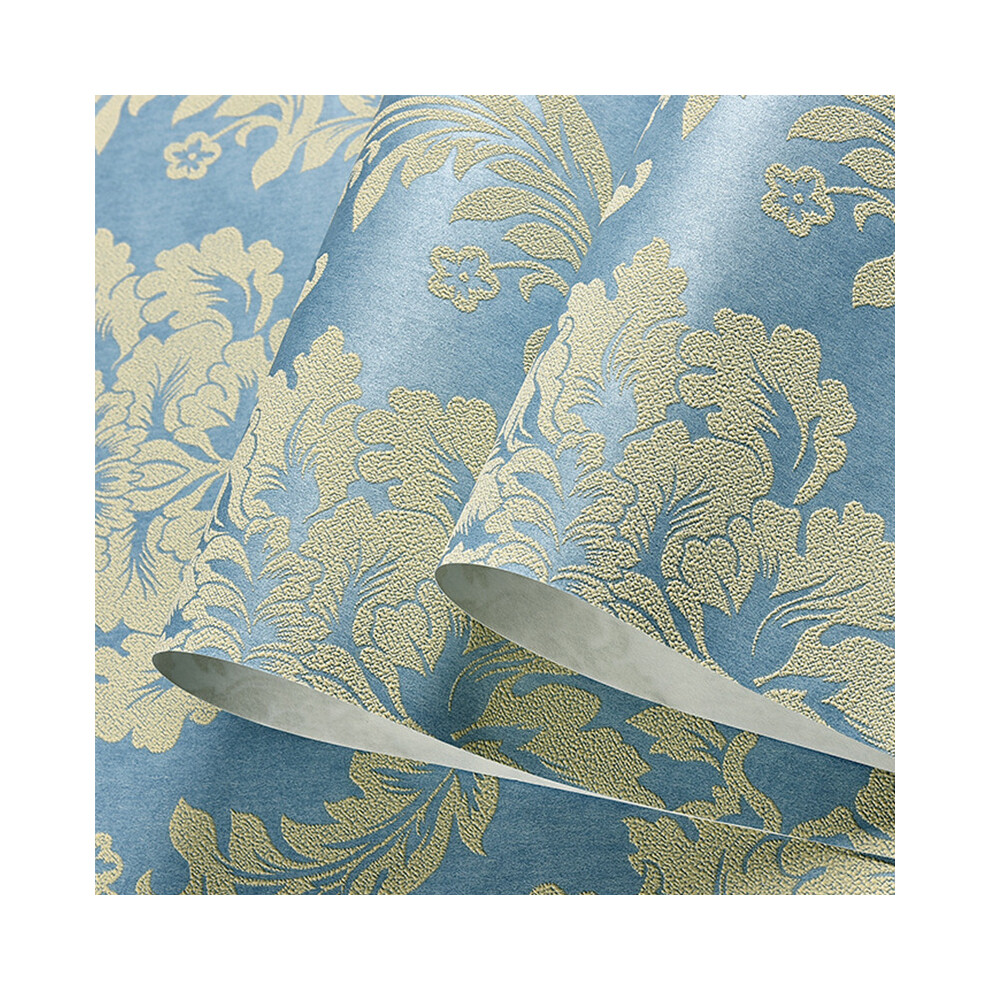 Rywolt (Blue) Damask Gold Embossed Textured Non Woven Wallpaper Roll Decoration Living Room
