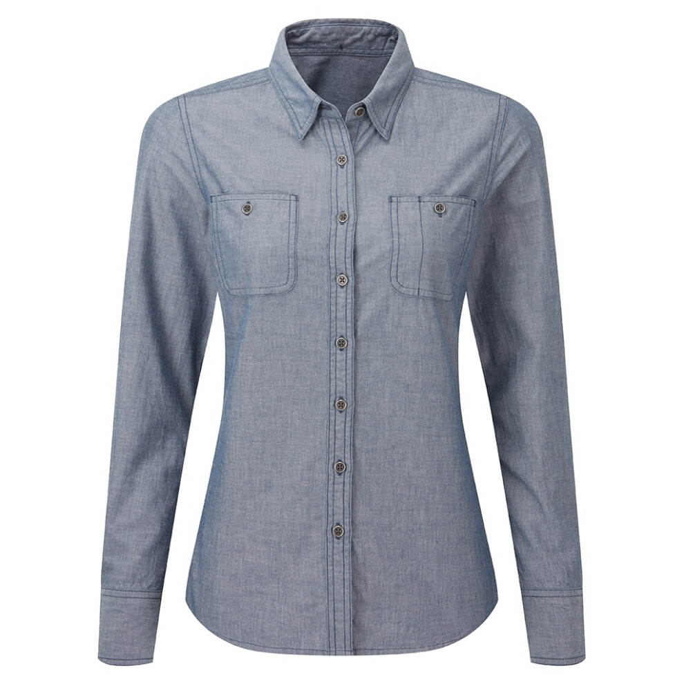 (L, Indigo Denim) Premier Womens/Ladies Chambray Organic Long-Sleeved Shirt