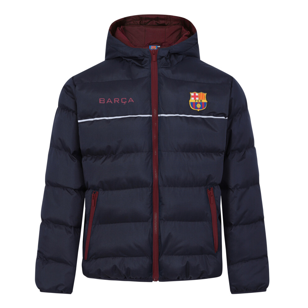 (Navy, 4-5 Years) FC Barcelona Boys Jacket Hooded Winter Quilted Kids Official Football Gift