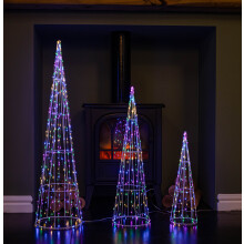 Set of 3 Light-Up Metal Christmas Cone Trees with 654 Multi-Coloured LEDs – Freestanding Indoor Decor