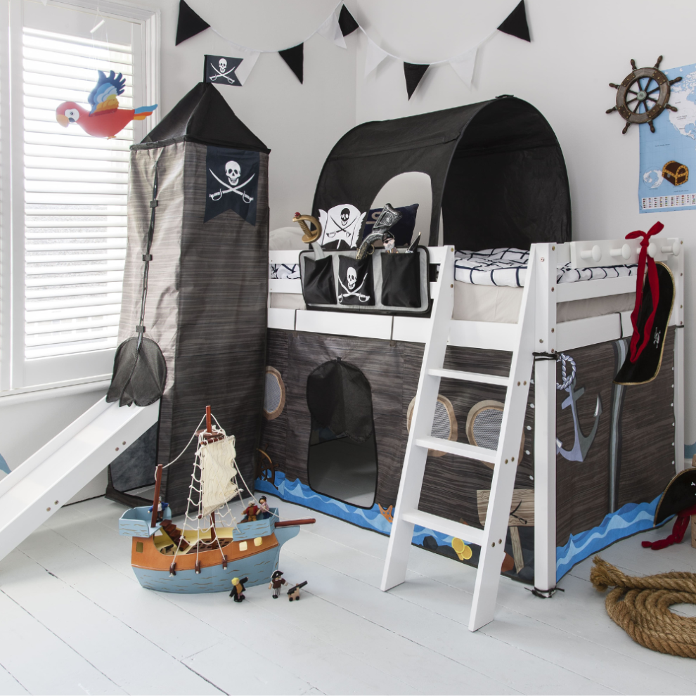 Moro Midsleeper Bed with Slide & Pirate Hideaway Package in White