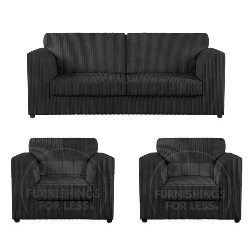 (Black, 3 Seater + 2 x Armchairs) Luxor Fullback Cord Sofa Set Range