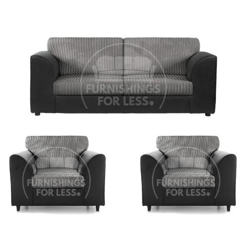 (Black & Grey, 3 Seater + 2 x Armchairs) Luxor Fullback Cord Sofa Set Range