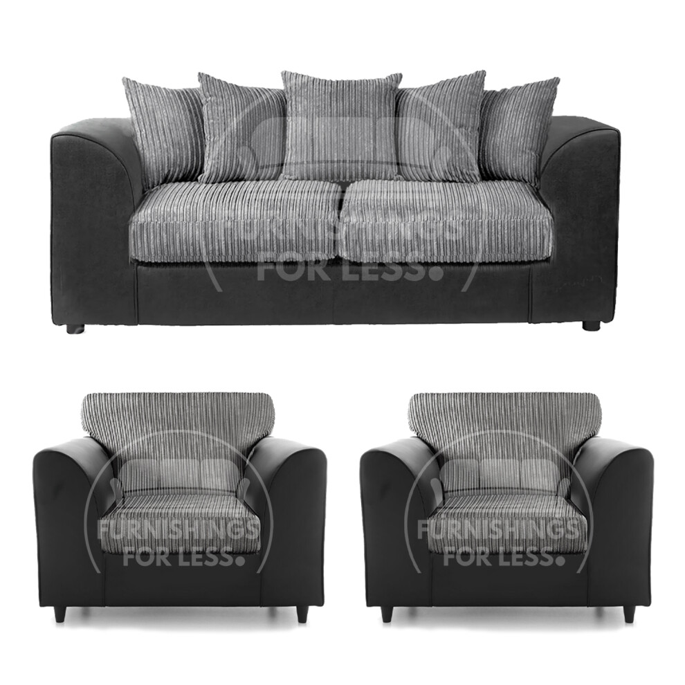 (Black & Grey, 3 Seater + 2 x Armchair) Luxor Scatter Back Cord Sofa Set Range-image-OPC-PFCZJBJ-NEW