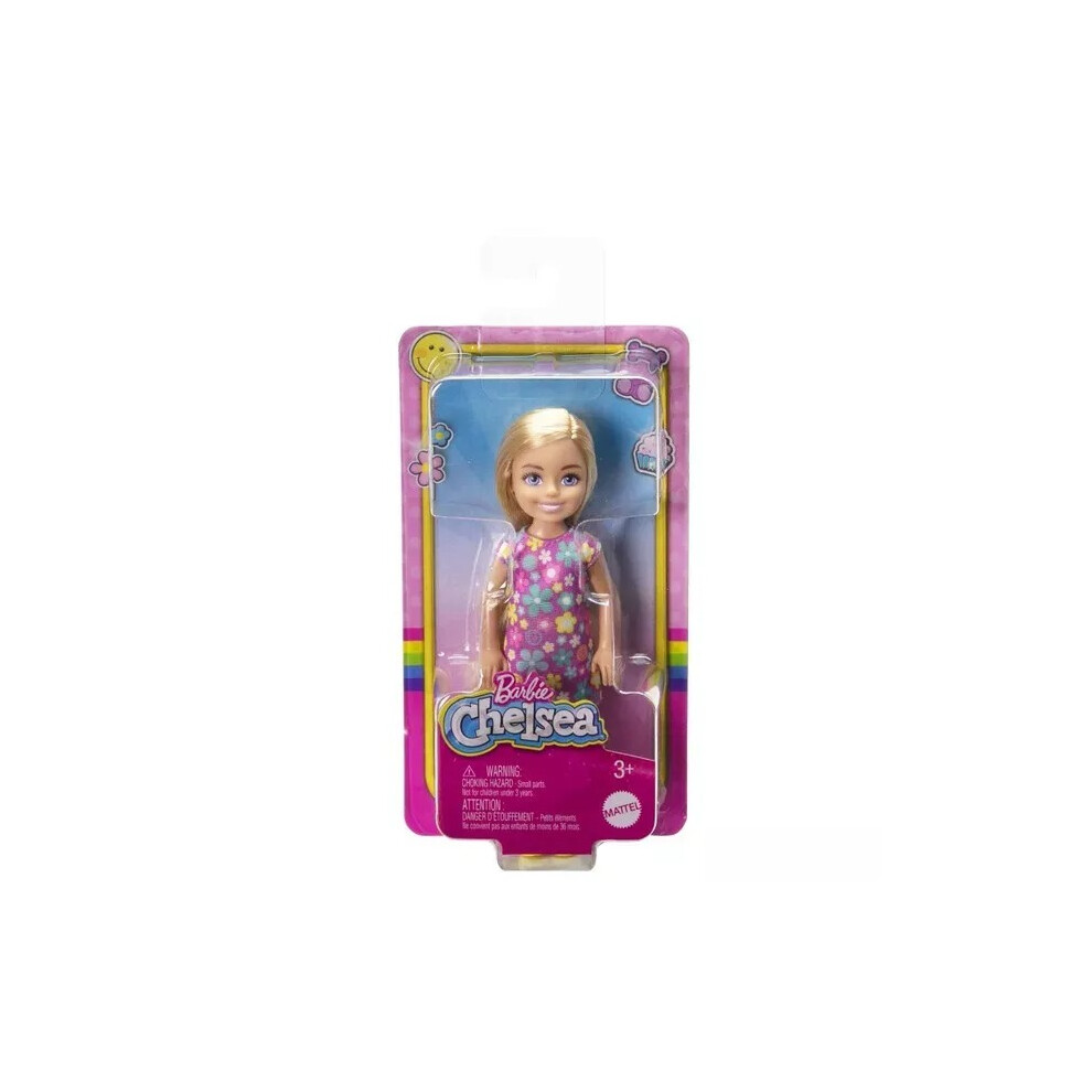 Mattel Barbie Chelsea Doll With Blonde Hair Blue Eyes Purple Pink Flowered Dress - Small