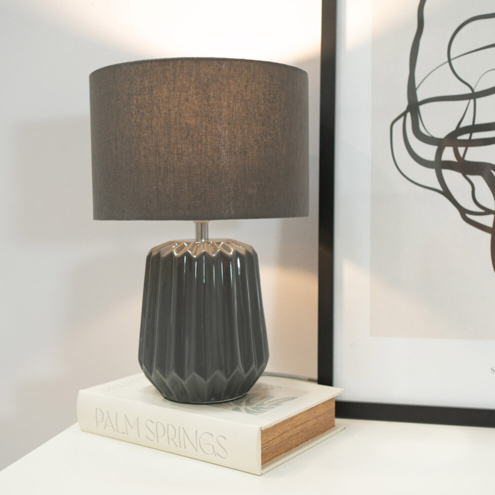 ValueLights Zak Charcoal Grey Pleated Textured Ceramic Table Lamp