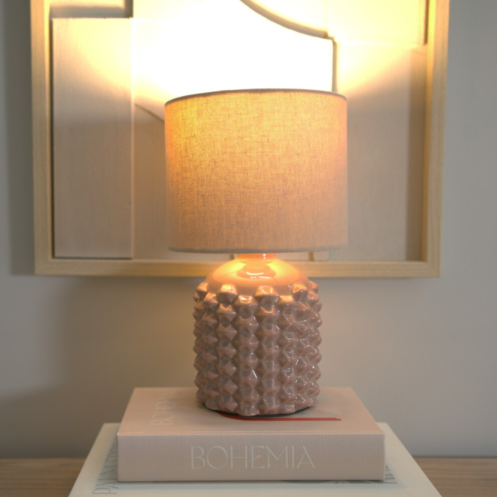 ValueLights Asha Ceramic Tan Geometric Table Lamp with Drum Lamp Shade