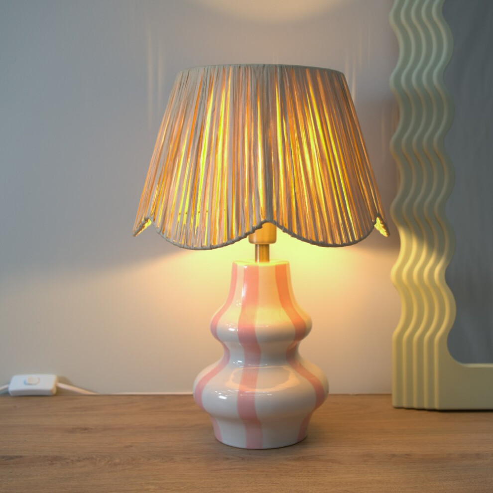 ValueLights Perrie Ceramic Pink Stripe Table Lamp with Raffia Shade