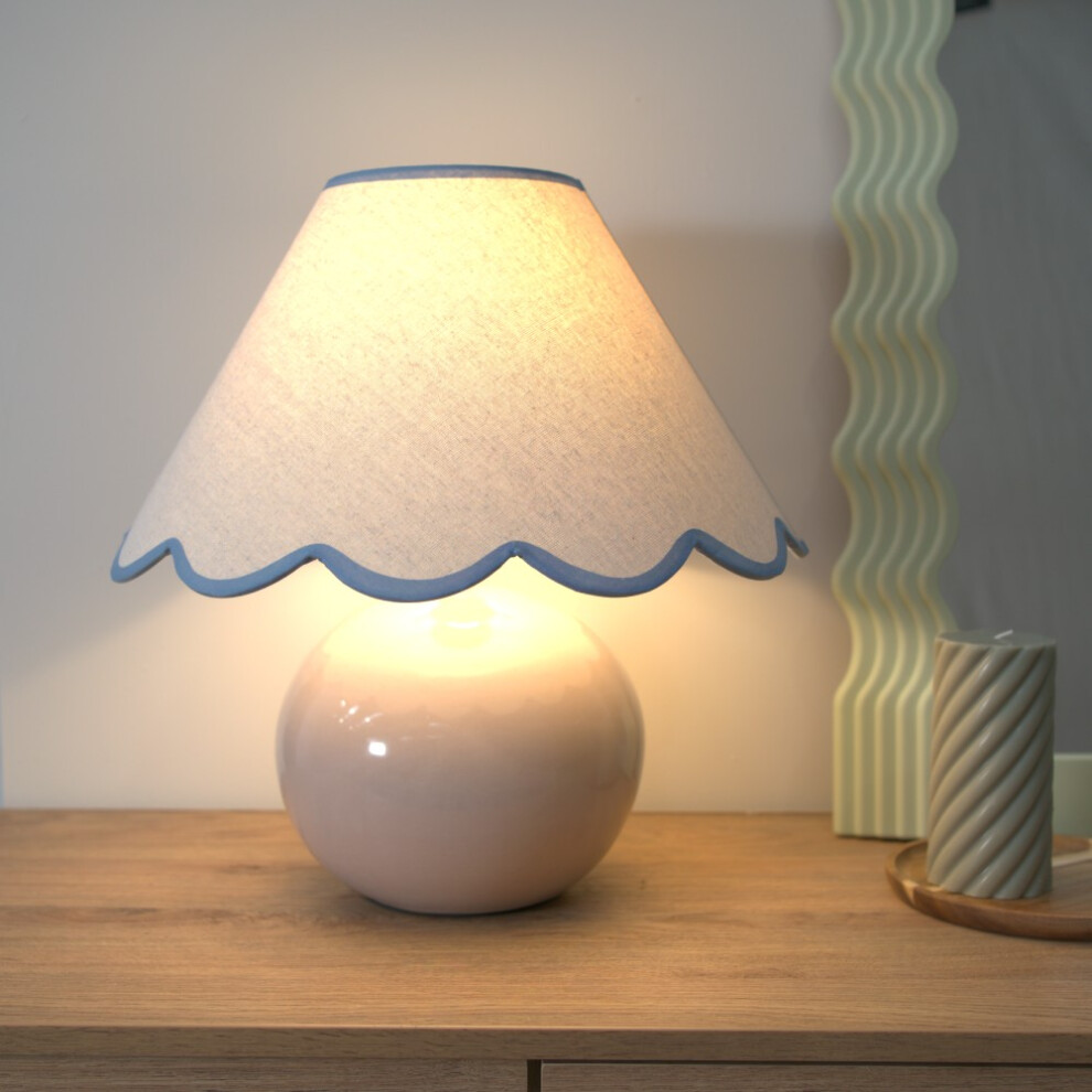 ValueLights Bosco Stone Ceramic Table Lamp and Blue Trim Scallop Shade