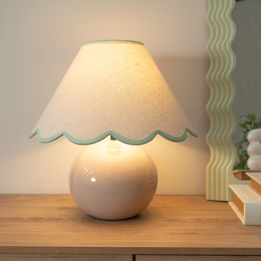 ValueLights Bosco Stone Ceramic Table Lamp & Green Trim Scallop Shade