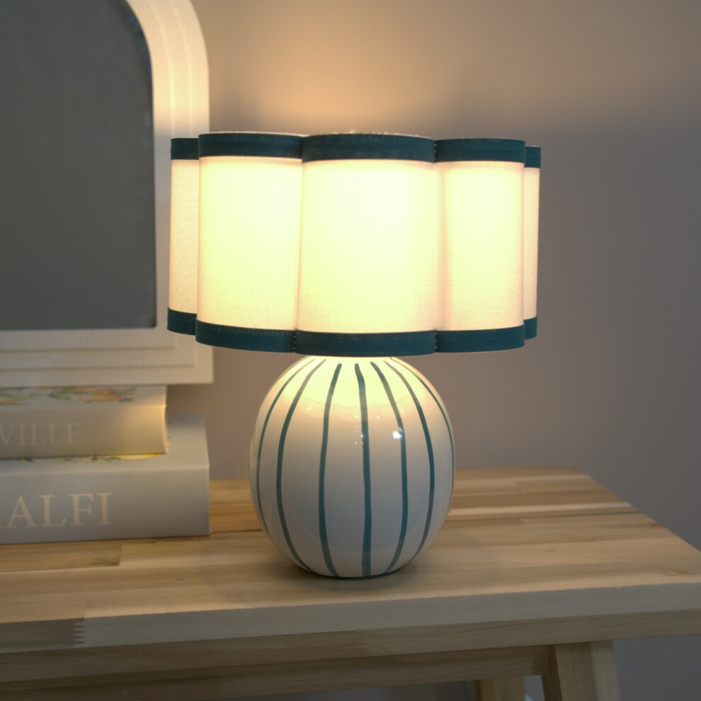 ValueLights Rohan Teal Trim Shade & Striped Ceramic Table Lamp & Bulb