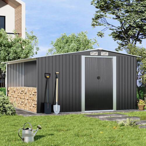 8ft*8ft Black Garden Metal Storage Shed with Log Storage