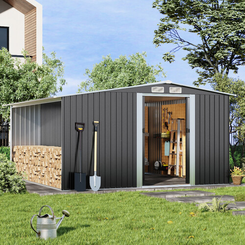 8ft*8ft Black Garden Metal Storage Shed with Log Storage 1