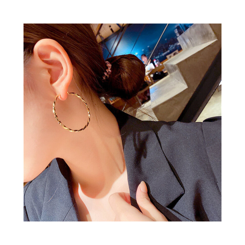(60mm) Elegant Twisted 14K  Gold Round Hoop Earrings