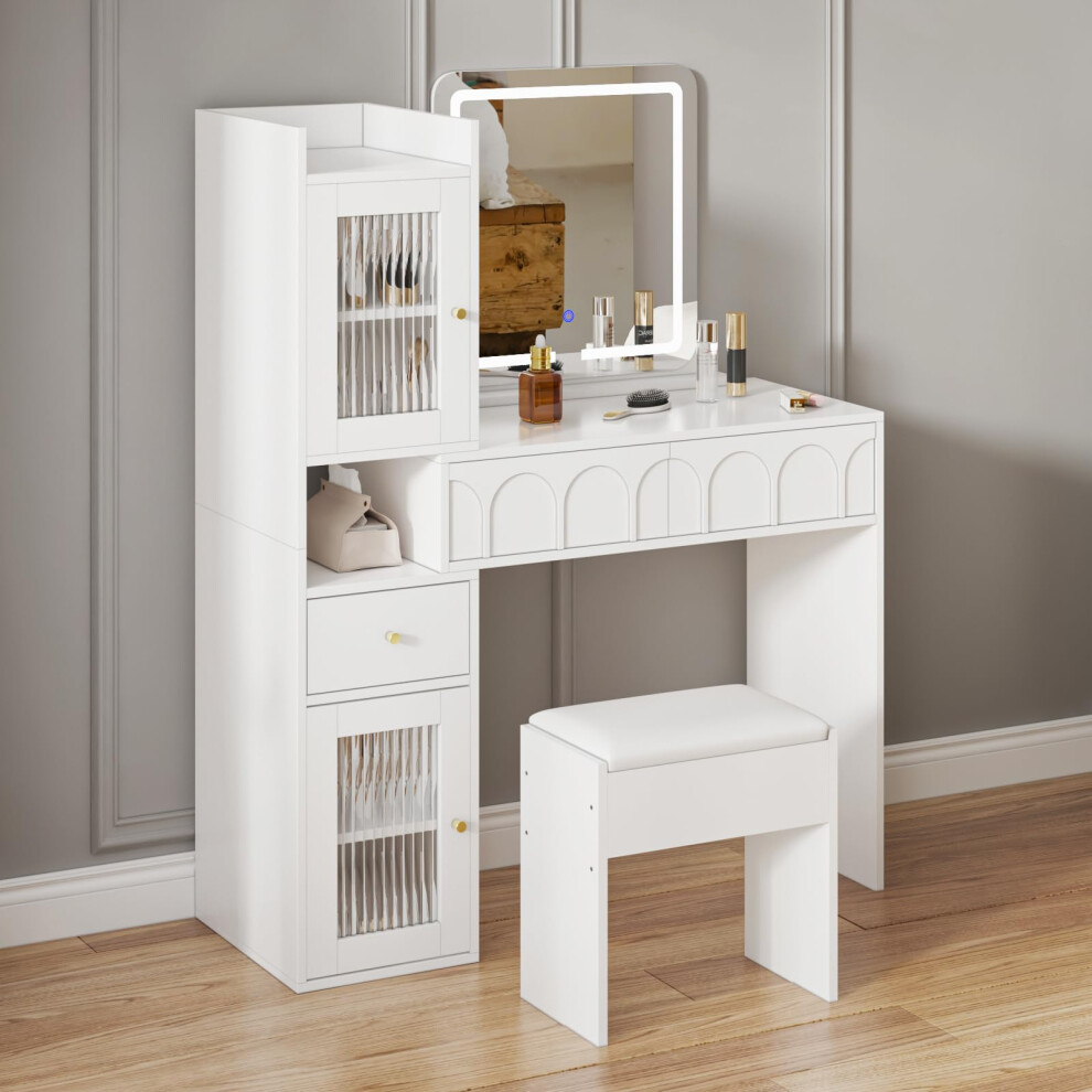 Dressing Table with Mirror and Stool, Vanity Makeup Desk with Adjustable LED Lights, 3 Drawers and 2 Large Storage Cabinets for Bedroom, White