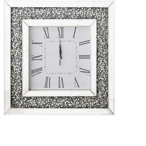 Crushed Diamond Mirror Wall Clock, 30 x 30 cm, Square, Roman Numerals 1