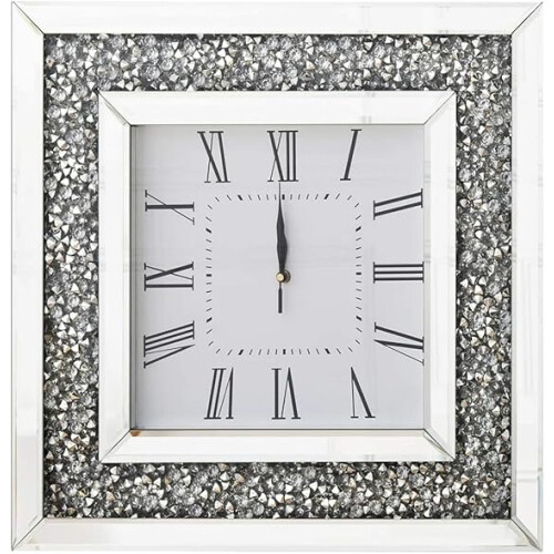 Crushed Diamond Mirror Wall Clock, 30 x 30 cm, Square, Roman Numerals