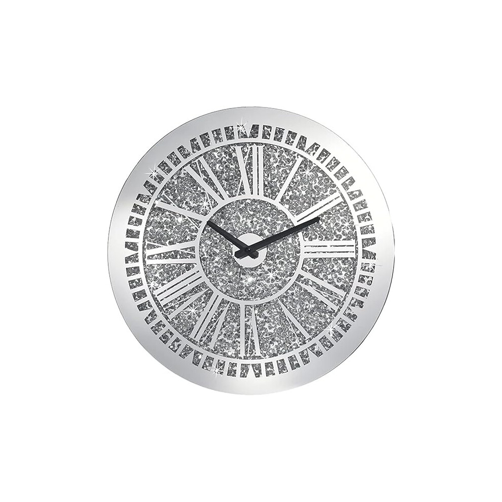 Round Crushed Diamond Wall Clock 16x16Inch, Modern Silver Glass Mirror