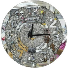 Large Round Number Diamond Crystal Mirror Wall Clock, 40 cm Silver