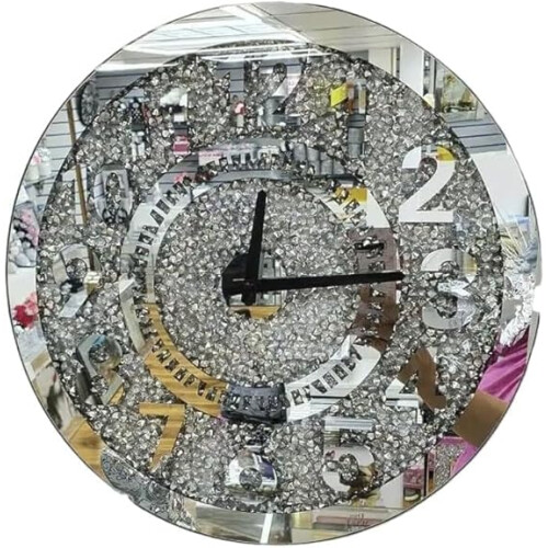 Large Round Number Diamond Crystal Mirror Wall Clock, 40 cm Silver