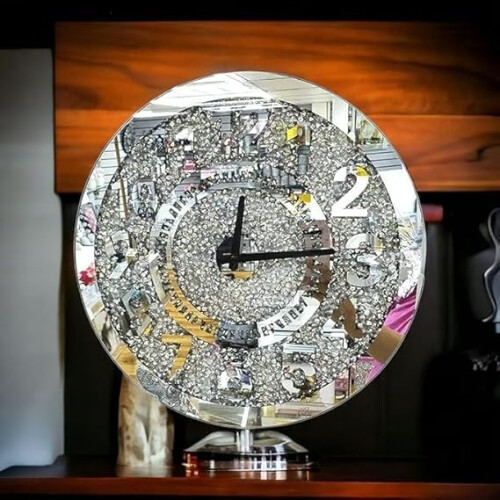 Large Round Number Diamond Crystal Mirror Wall Clock, 40 cm Silver 2