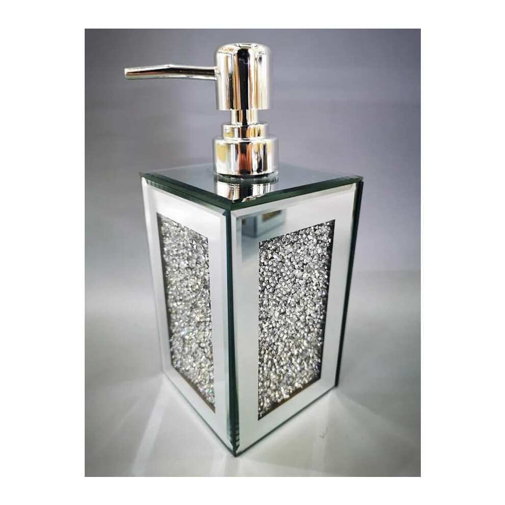 Crushed Crystal Diamond Silver Mirrored Glass Soap Dispenser, 18.7x6cm