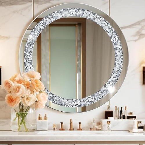 Crystal Round Silver Mirror, 40x40 cm, Frameless Wall Hanging Mirror 2