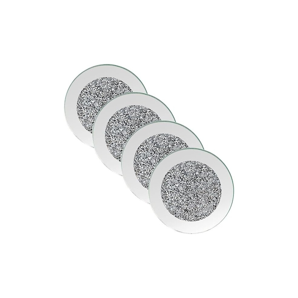 Round Crushed Diamond Glass Coasters 4 Piece 10cm Silver Mirror Border