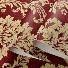 (Red) Damask Gold Embossed Textured Non Woven Wallpaper Roll Decoration Living Room