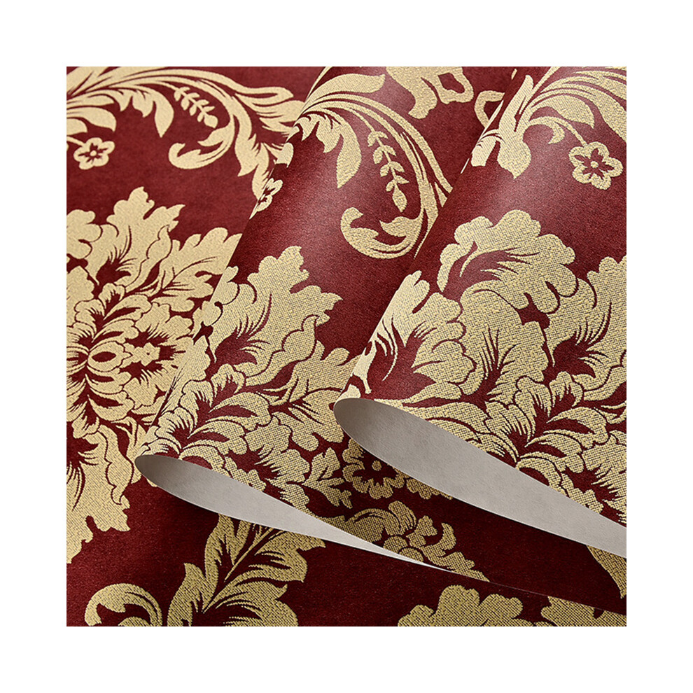 (Red) Damask Gold Embossed Textured Non Woven Wallpaper Roll Decoration Living Room
