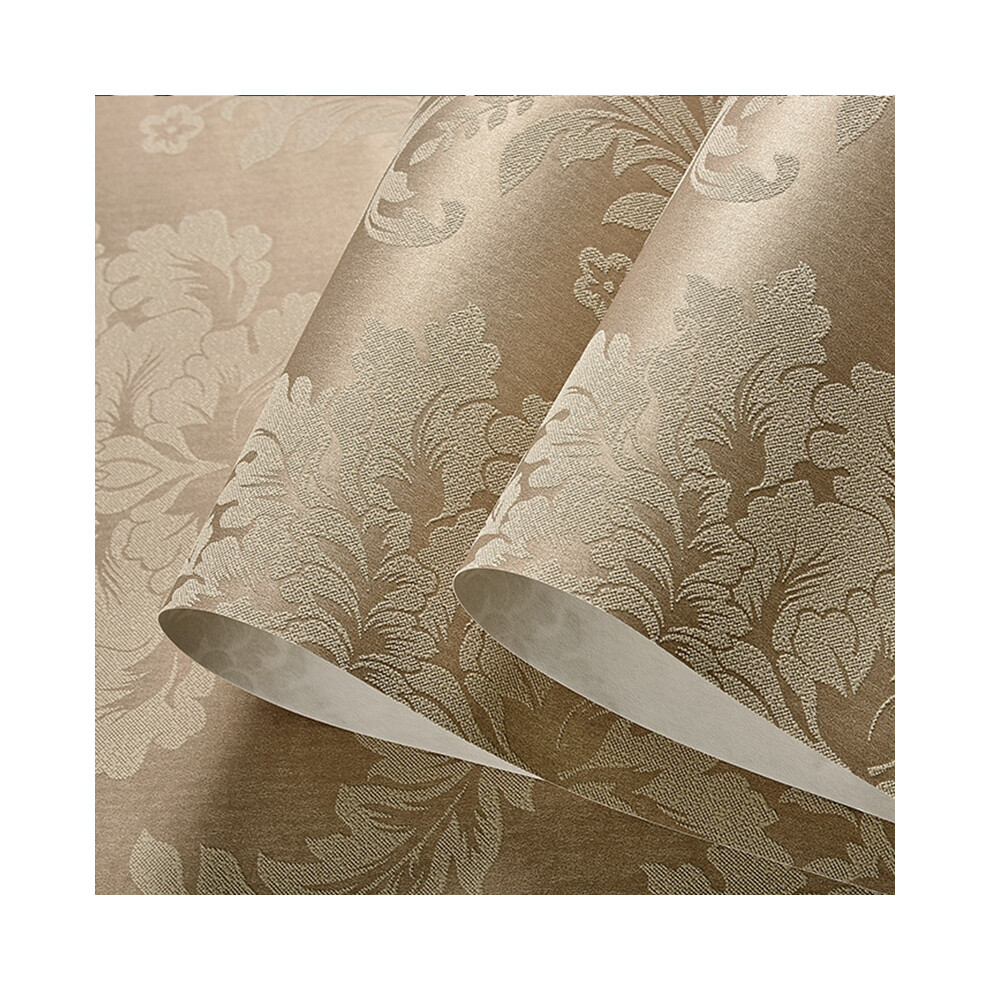(Khaki) Damask Gold Embossed Textured Non Woven Wallpaper Roll Decoration Living Room
