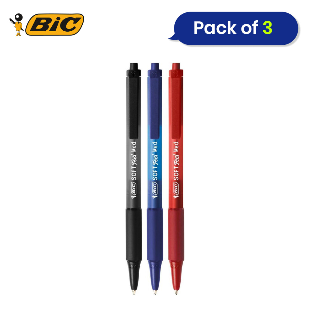 BIC Soft Feel Ballpoint Pens Assorted Colour Ink 3 Pack Medium Tip