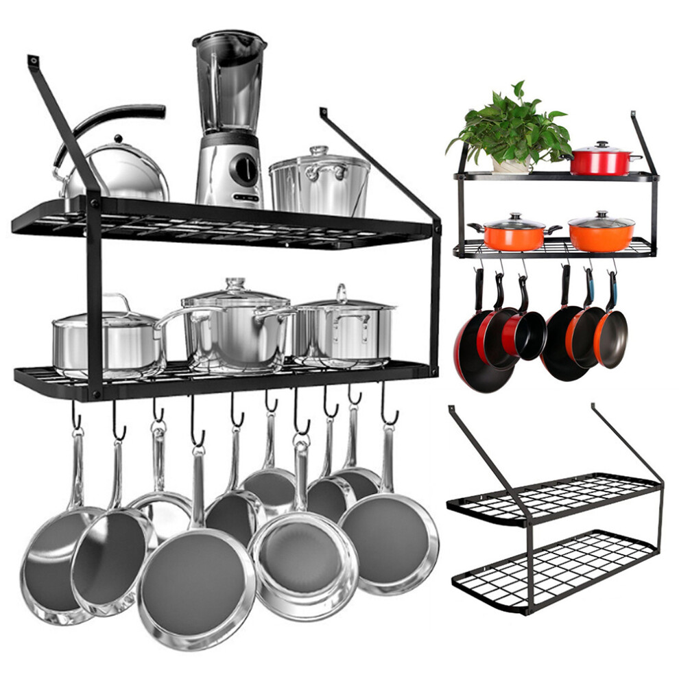 (2 Tier) Wall Mount Kitchen Shelf Pot Pan Rack Hanger Saucepan Storage Holder Organiser