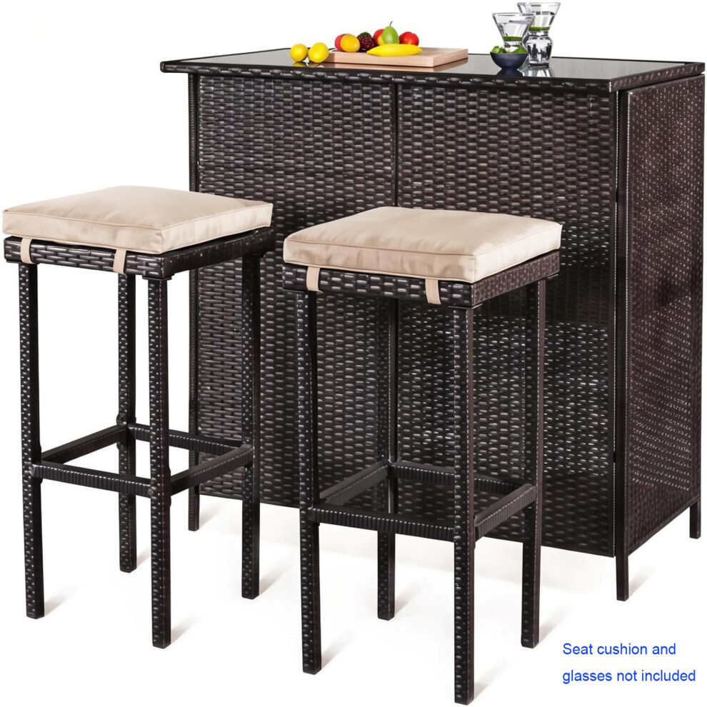 3 Pcs Garden Rattan Wicker Bar Table 2 Stools Bistro Furniture Set