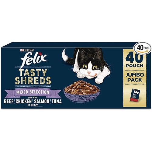 Felix Tasty Shreds Mixed Selection in Gravy Wet Cat Food 40x80g – 100% Complete & Balanced, Omega-6, Vitamins D & E